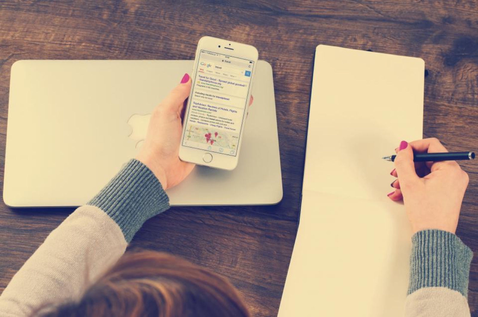 Using a smartphone at a desk